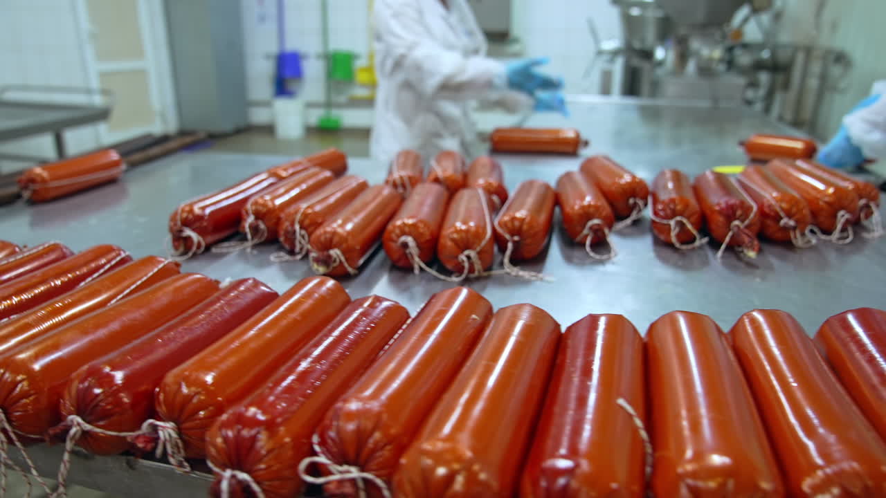 Loaves of freshly-made soft cheese at the metal table. Two workers finishing the packaging of dairy product. Ready-made cheese in orange package close up.