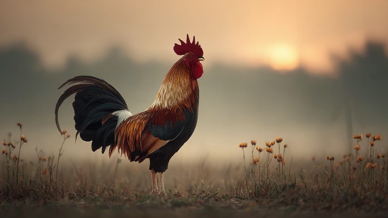 Un gallo maestoso si erge fiero contro un'alba dorata, mettendo splendidamente in risalto i colori delle sue piume e il paesaggio naturale circostante.