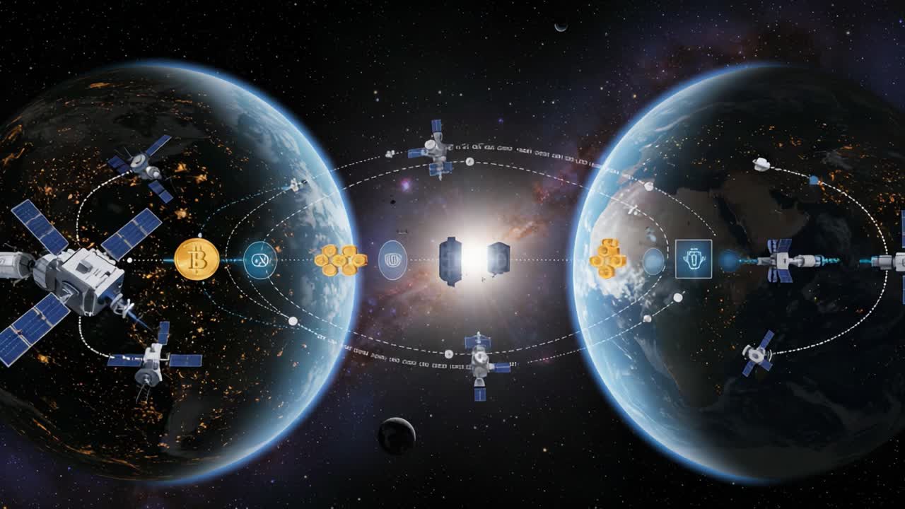 A Cosmic Network Connecting Two Worlds with Advanced Satellites and Cryptocurrency Symbolizing Digital Innovation in Space Exploration and Communication