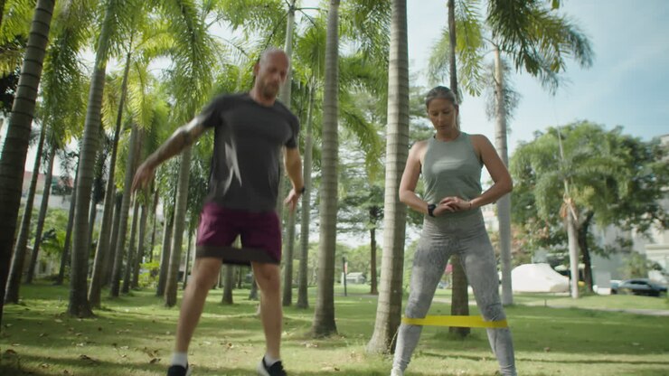 Casal fazendo agachamentos com faixas de resistência no parque