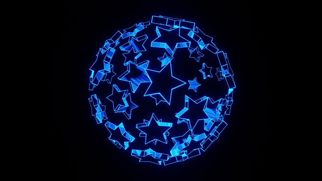 la rotación de la pelota compuesta de estrellas de neón azules que parpadean al ritmo de la música. animación de bucle vj para clips y decoraciones navideñas.