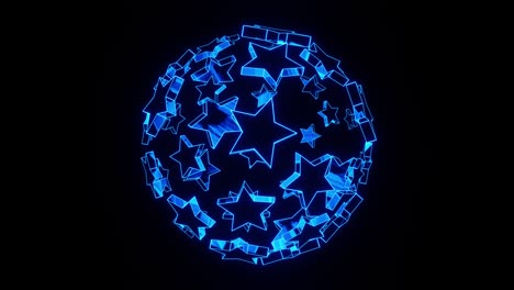 the rotation of the ball consisting of blue neon stars twinkling to the rhythm of the music. vj loop animation for clips and holiday decorations.