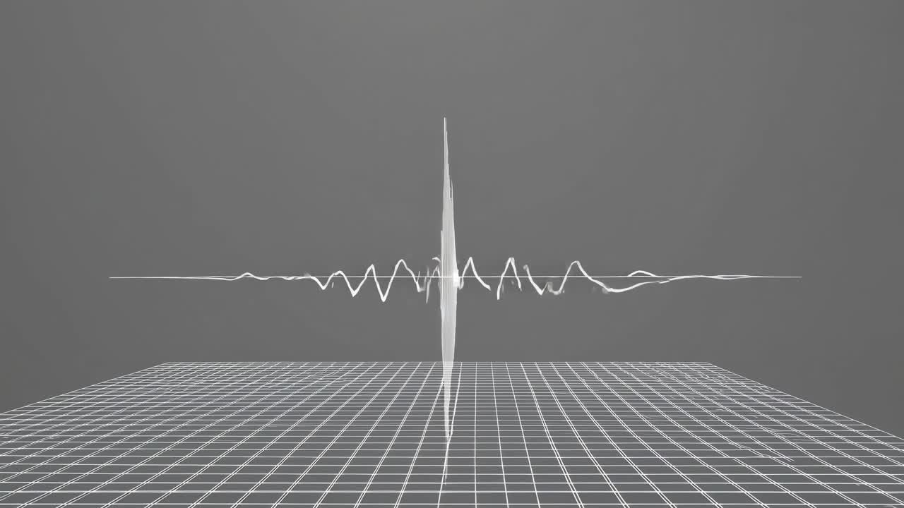 Dynamic video concept with a 3D grid and soundwave pattern. Side angle view emphasizes the modern