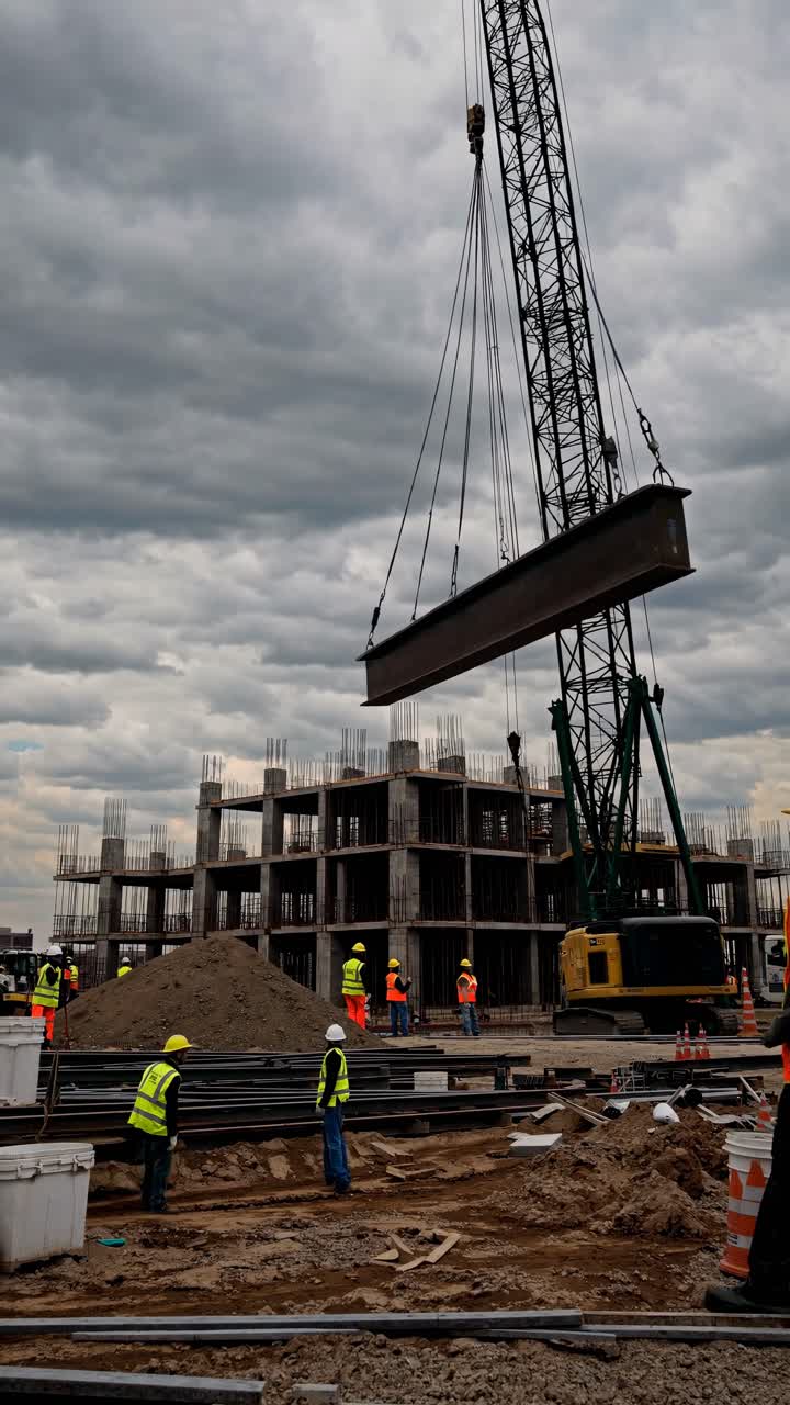 Wide-angle shot of a construction site with workers and a crane, capturing the dynamic process