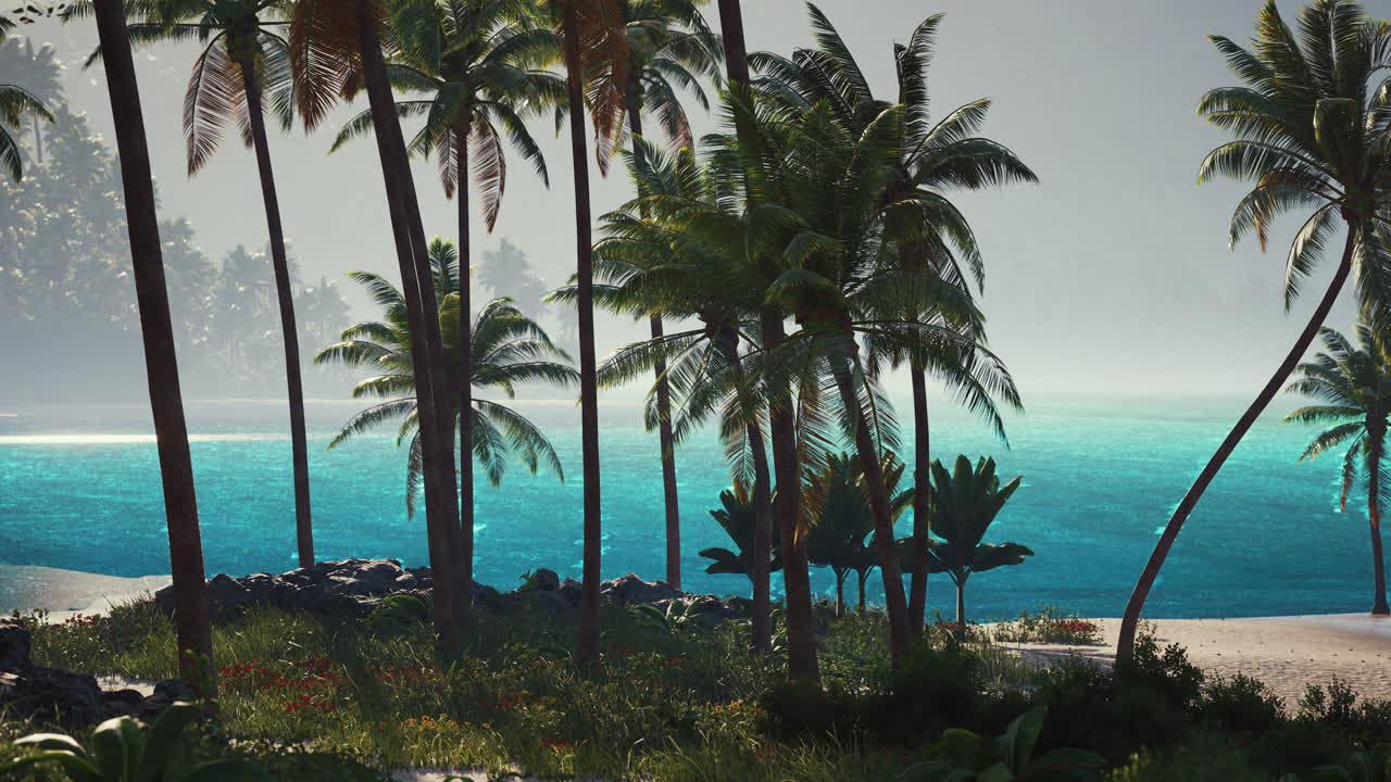 Tropical beach landscape featuring palm trees against a vibrant blue ocean