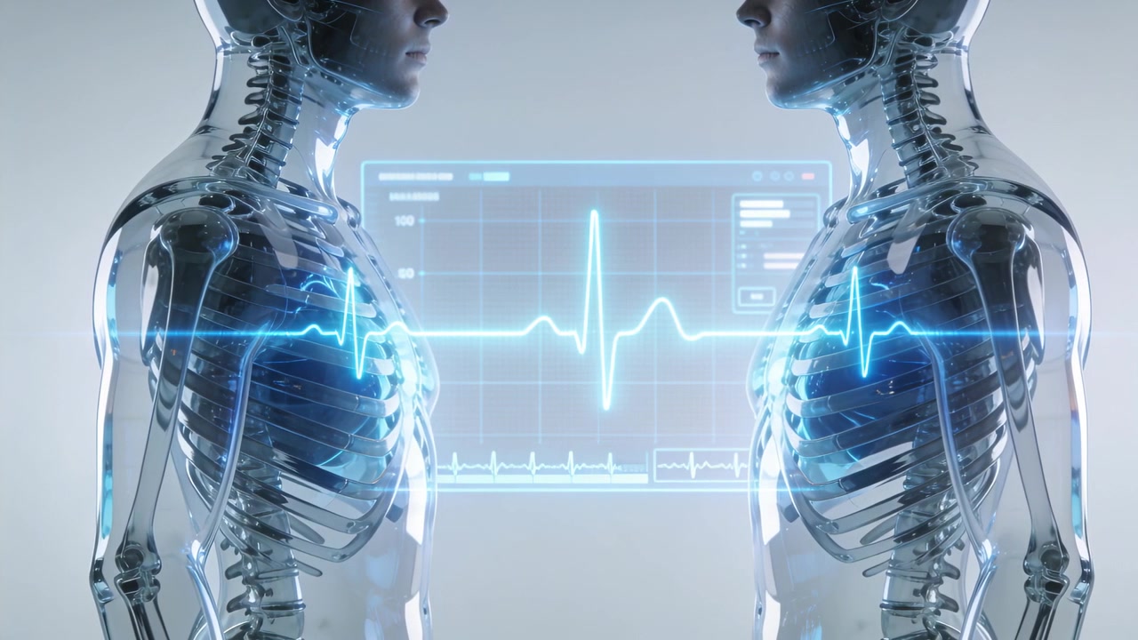 Avvio di un pannello ECG olografico che genera un bagliore pulsante sul petto attraverso due torsi trasparenti in laboratorio, mostrando il battito cardiaco.