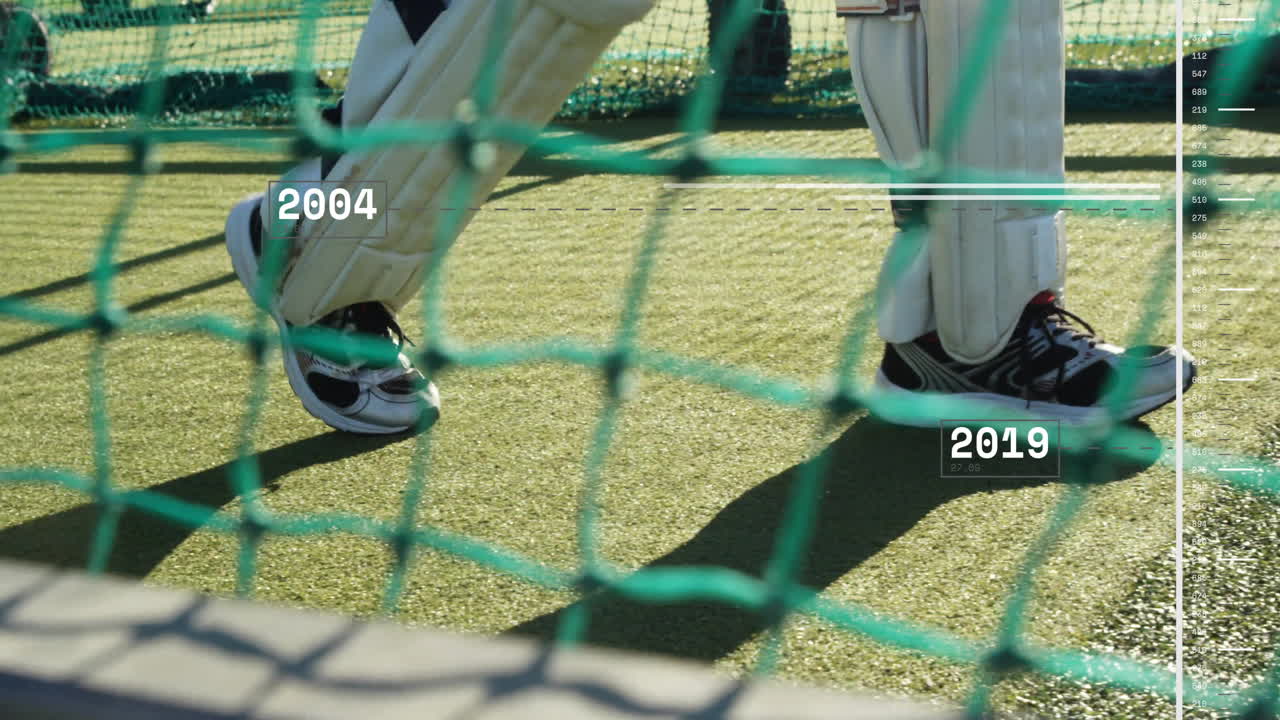 Cricket players practicing with timeline animation showing years 2004 and 2019