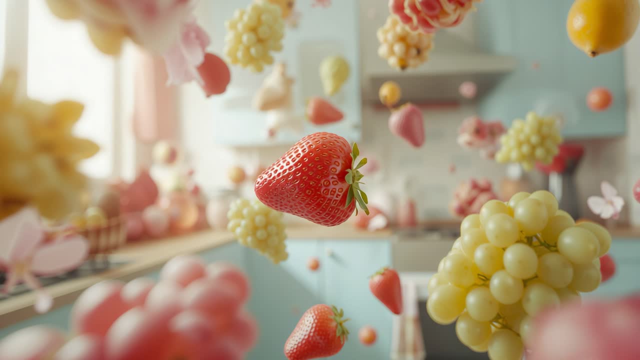 Scene starting red strawberry floating in pastel kitchen, with pale yellow grapes drifting around