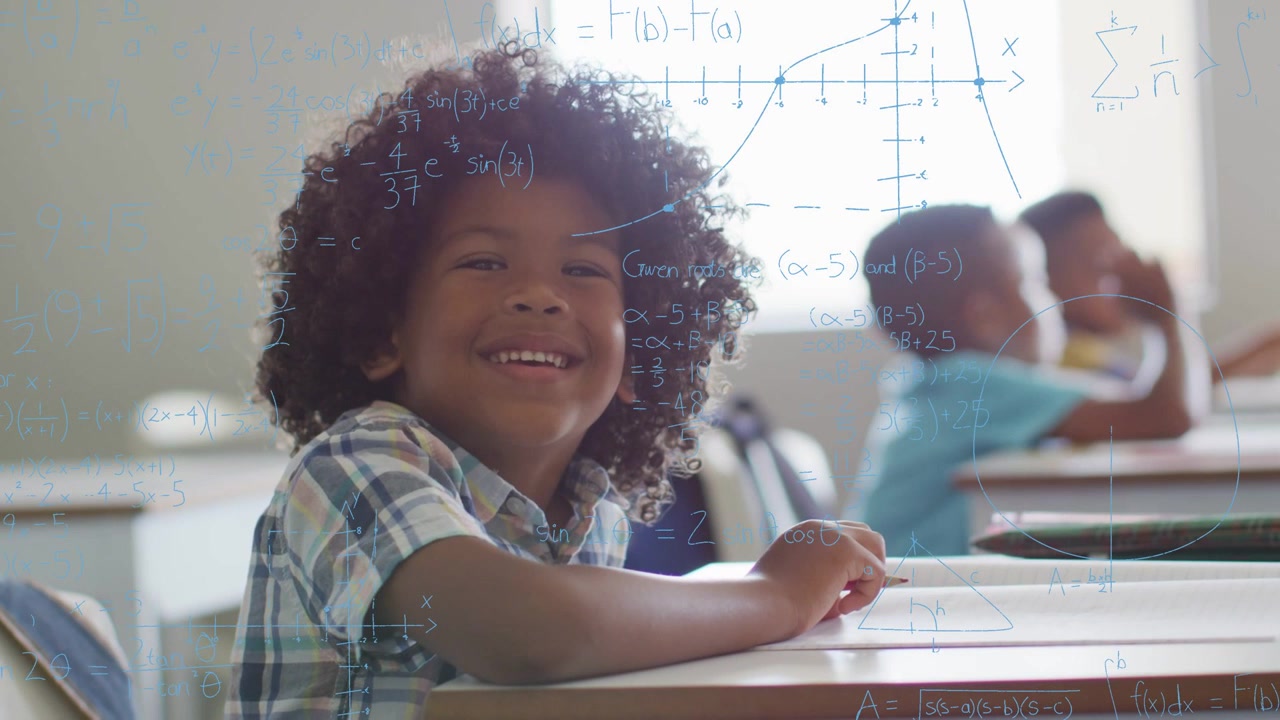 Boy at desk holding pencil as camera zooming, math overlays appearing, highlighting learning