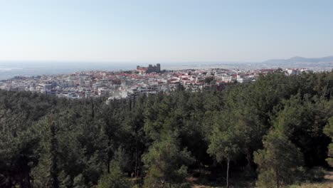 vista aérea de un avión no tripulado del heptapirgio bizantino de la fortaleza de yedikule de tesalónica desde el bosque cercano día soleado cielo azul