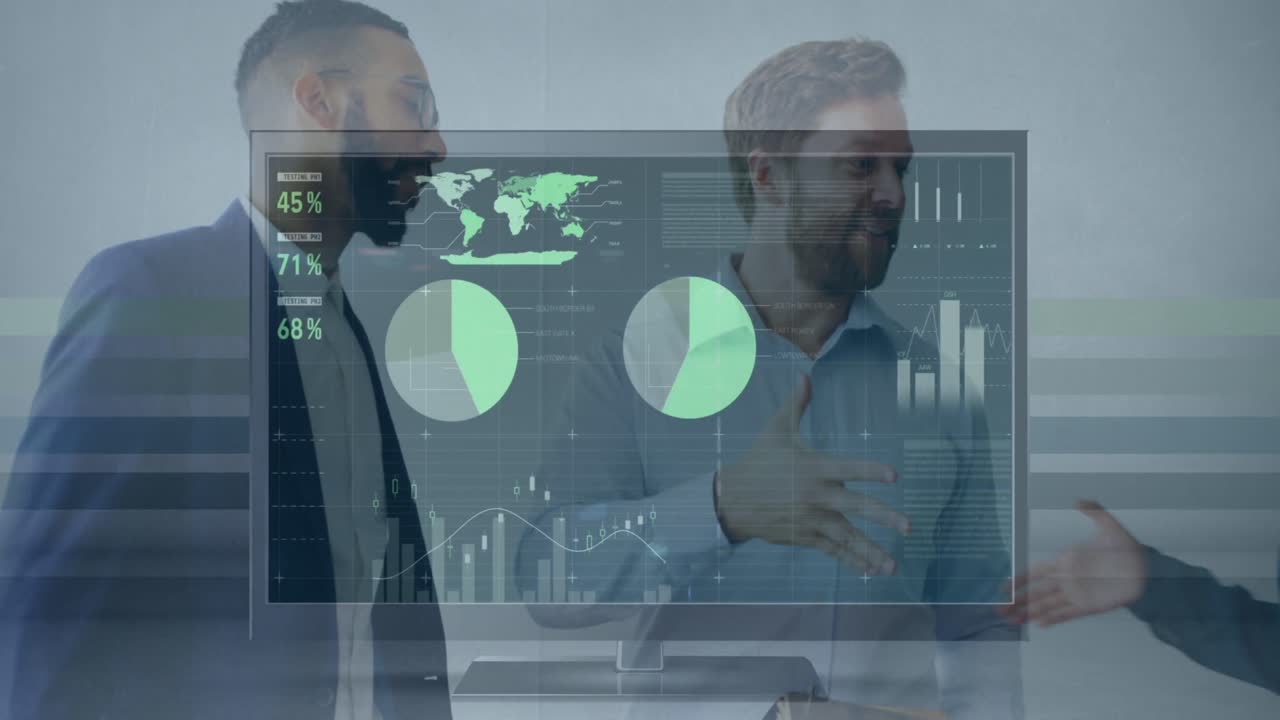 Animation of financial data on computer screen over diverse businesspeople shaking hands
