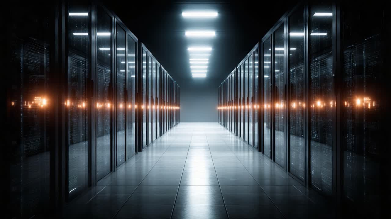 A Hauntingly Modern Data Center Corridor with Rows of Server Racks Illuminated by Bright Lights Creating an Eerie yet Technologically-Advanced Atmosphere