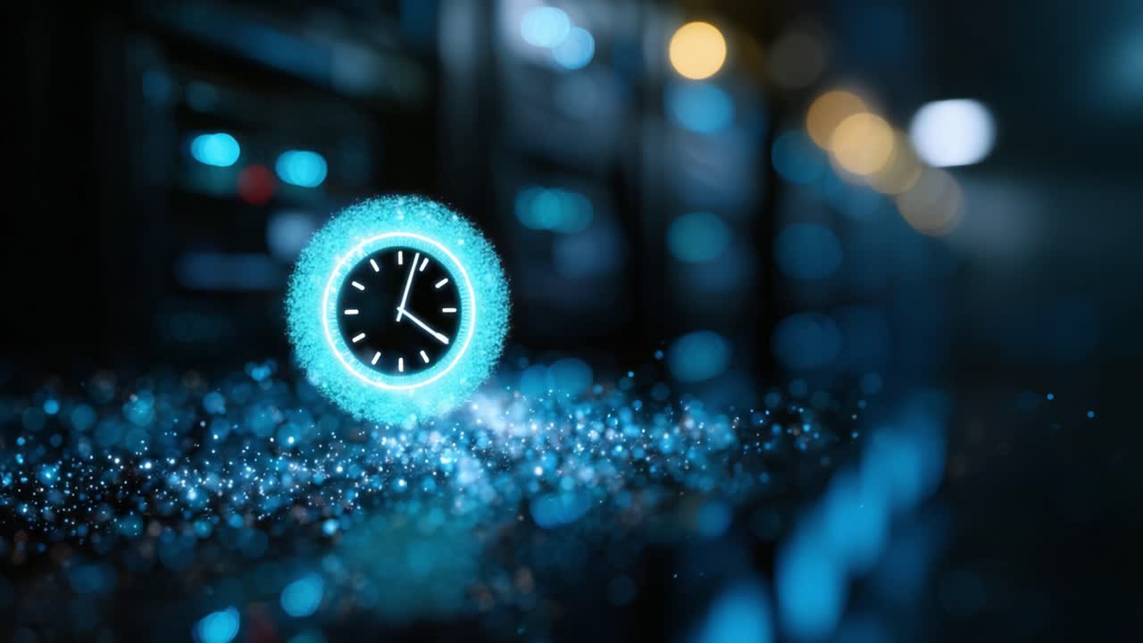 Time Manipulation: A Magical Clock Displaying Light and Sparkles in a Dark Server Room, Representing the Essence of Time in a Digital Age