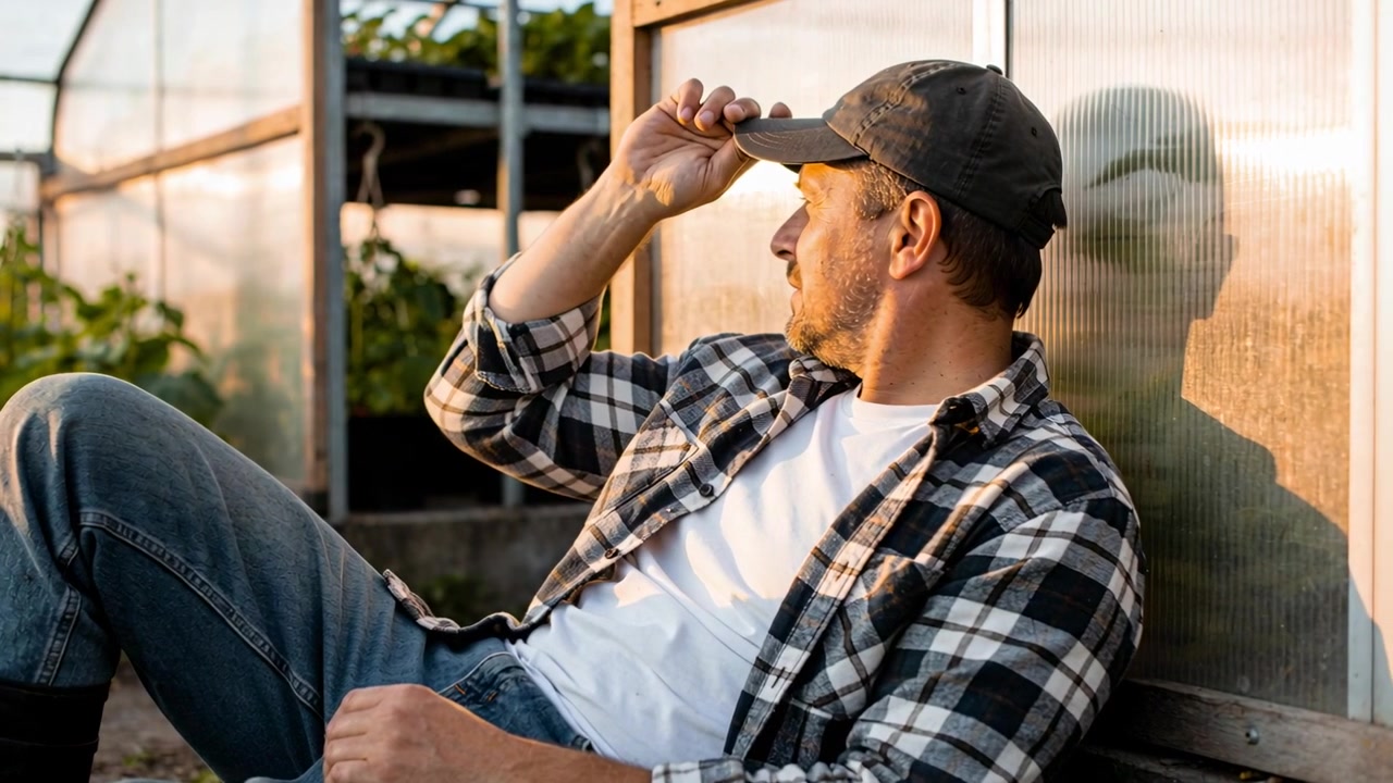Sitting man in flannel adjusting cap as sun catching gaze on greenhouse panel shadow, copy space