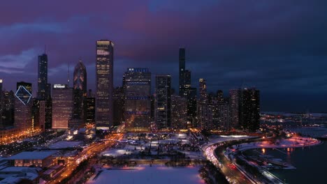 urban cityscape of chicago at night in winter. aerial view. usa