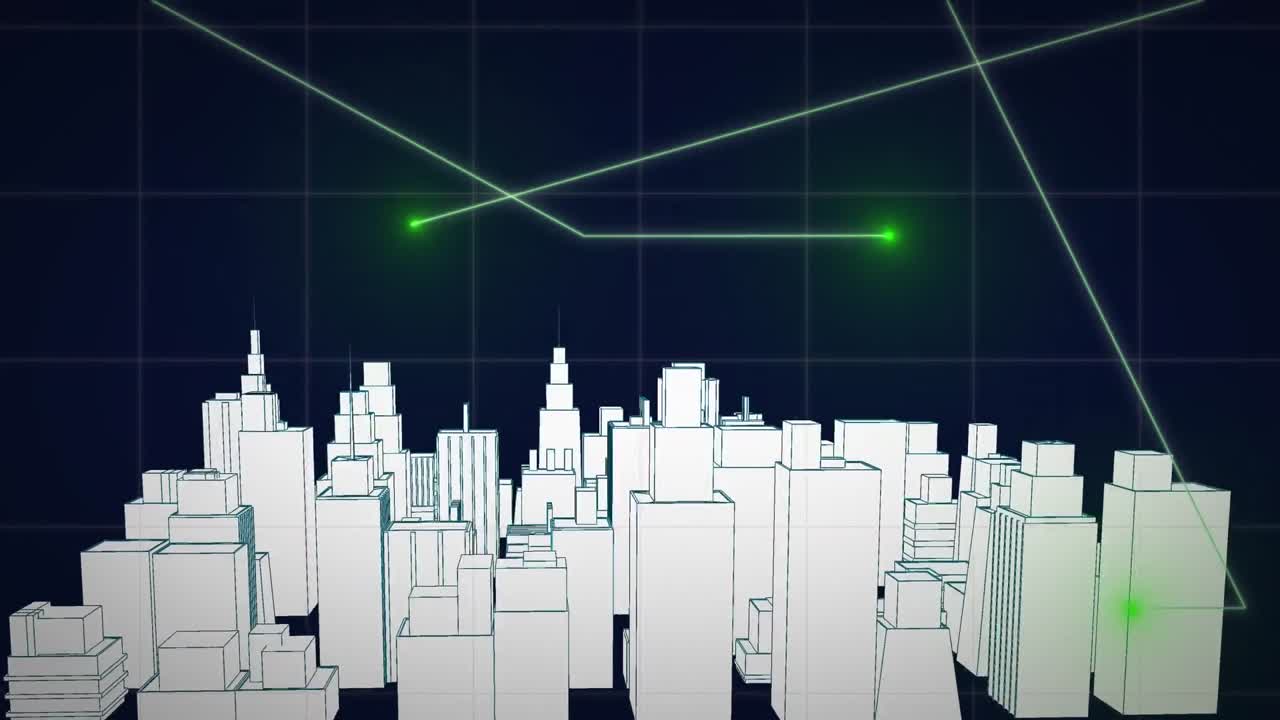 Animation of digital city over light trails on black background