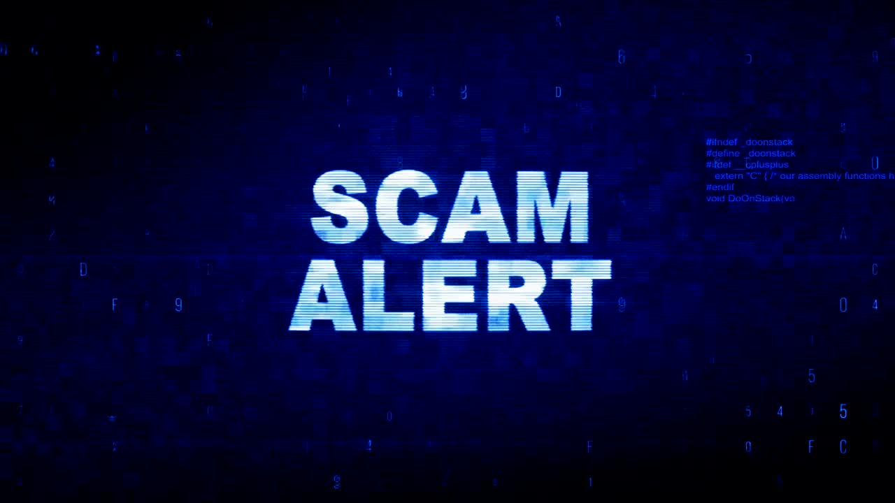 alerta de estafa texto ruido digital sacudida glitch distorsión efecto error animación.