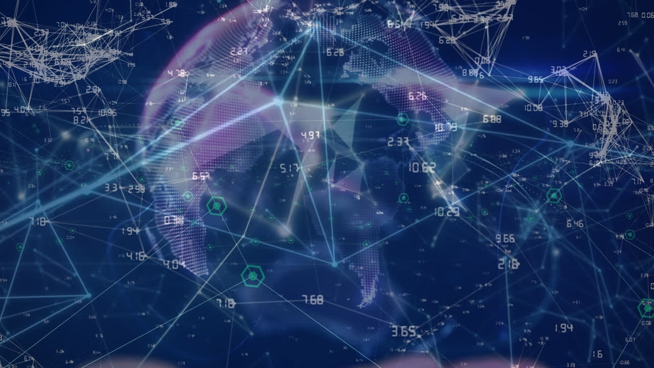 Animation of data processing with globe over shapes