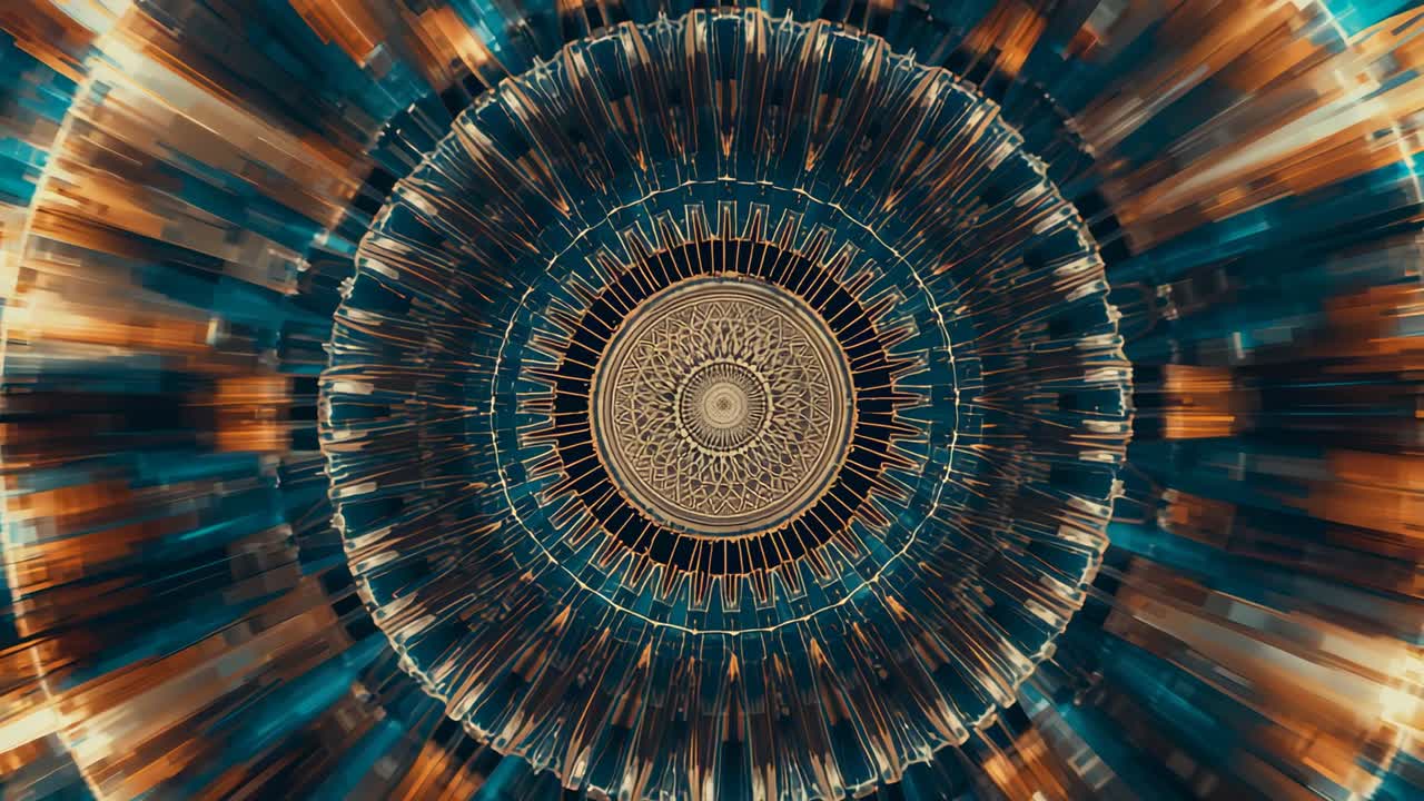 Sequence starting mandala rotating rings in space showing gold filigree center, teal amber beams