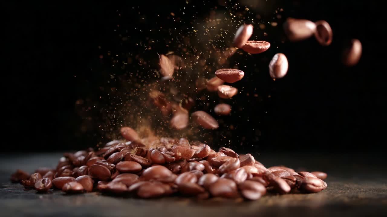 Pila di chicchi di caffè tostati su sfondo scuro