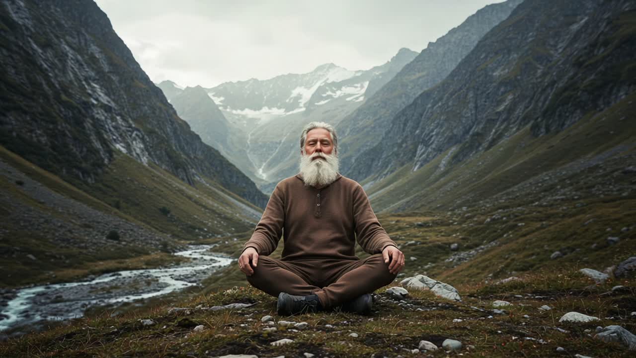 A Serene Elderly Man Meditates in a Picturesque Mountain Valley Surrounded by Majestic Peaks and Tranquil Nature, Embracing Inner Peace and Stillness