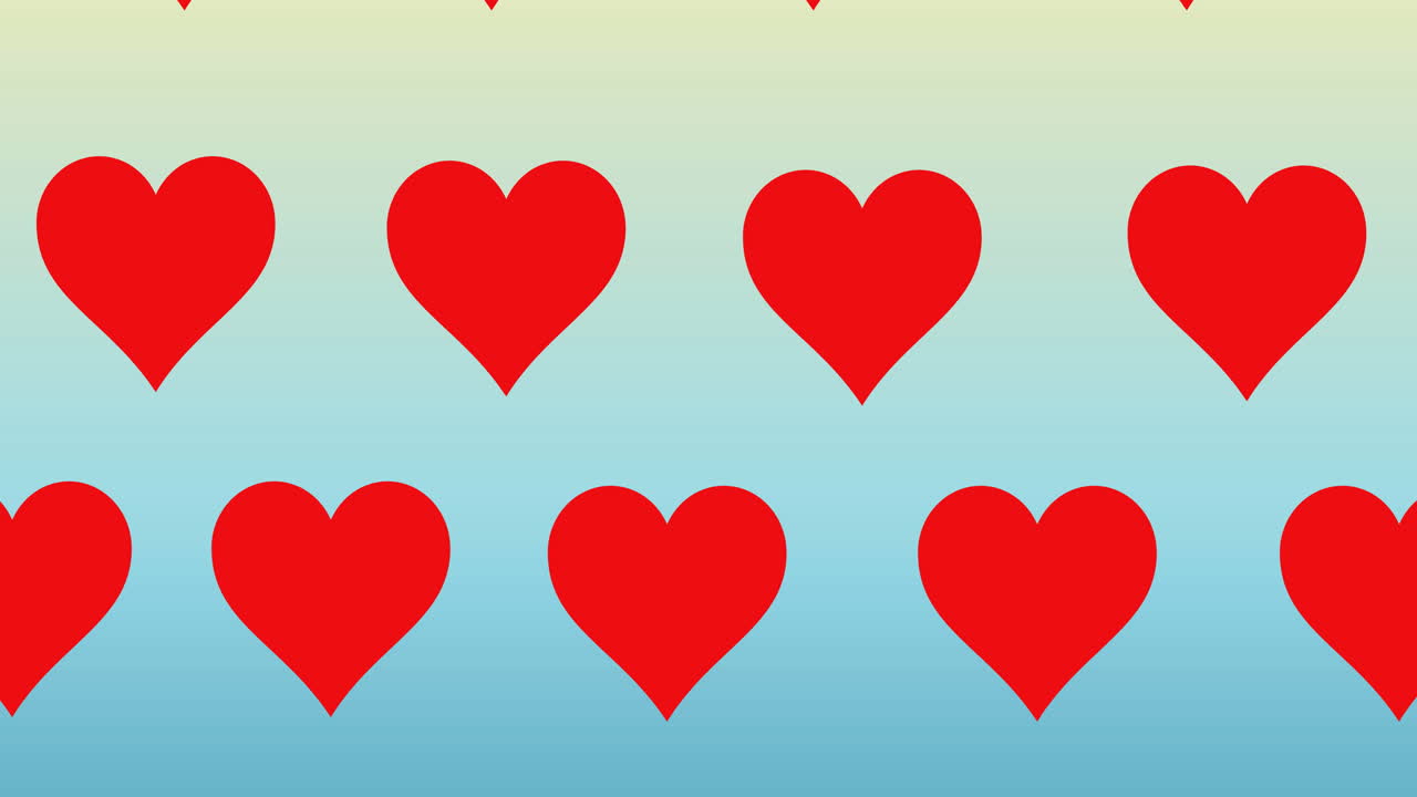 Composition of rows of red hearts moving on blue background