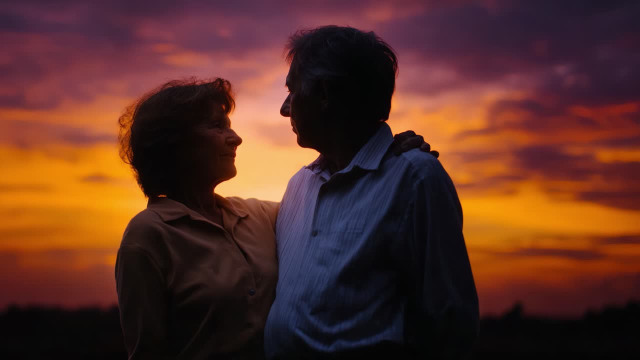 Silhouetted Couple Embraces at Sunset, Capturing a Tender Moment of Love and Connection Against a Colorful Twilight Sky
