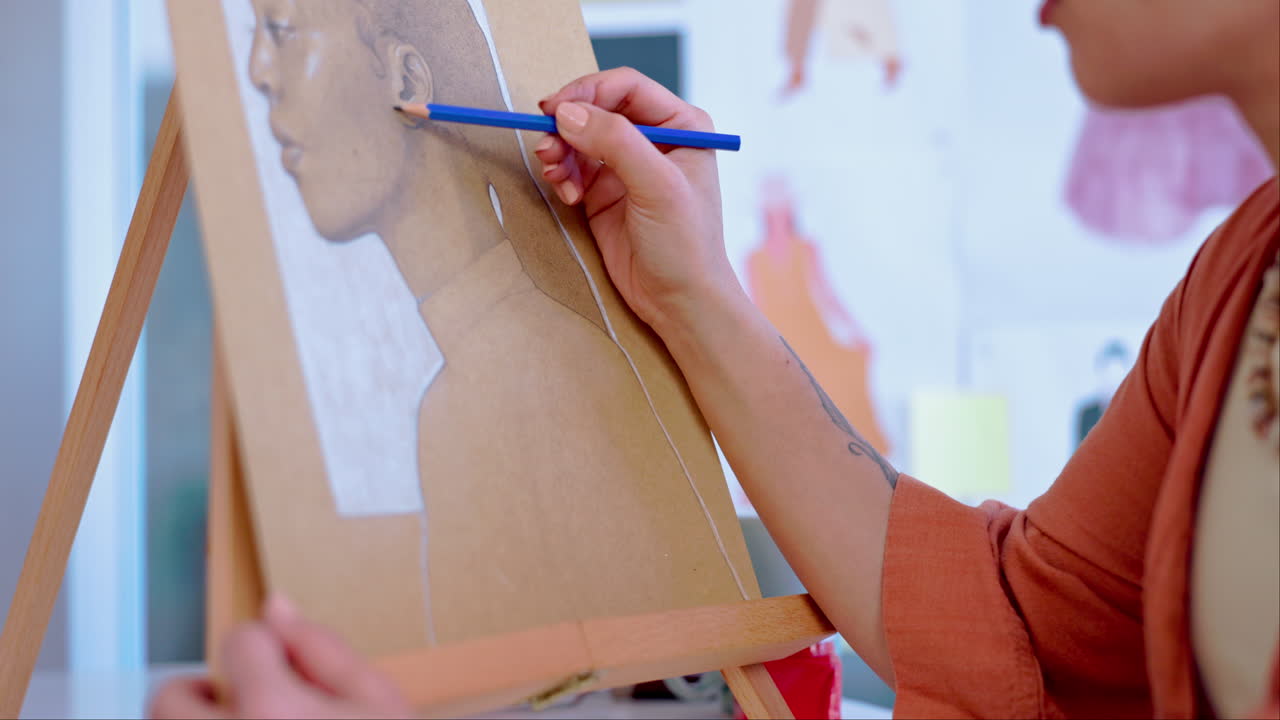 mani, matita e disegno su tela