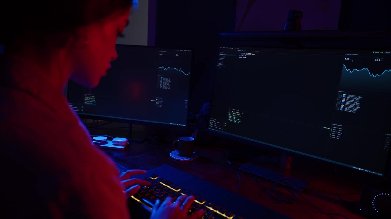 Programmatrice che programma su due monitor in un ufficio buio