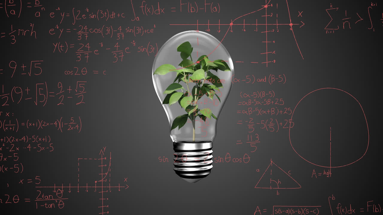 Animation of light bulb with plant over mathematical equations on black background