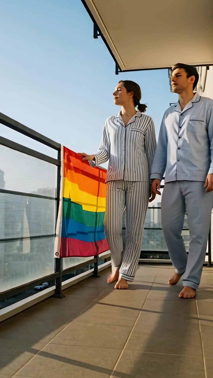 Vertical video: Walking couple in PJs on balcony watching skyline, woman seeing touching pride flag