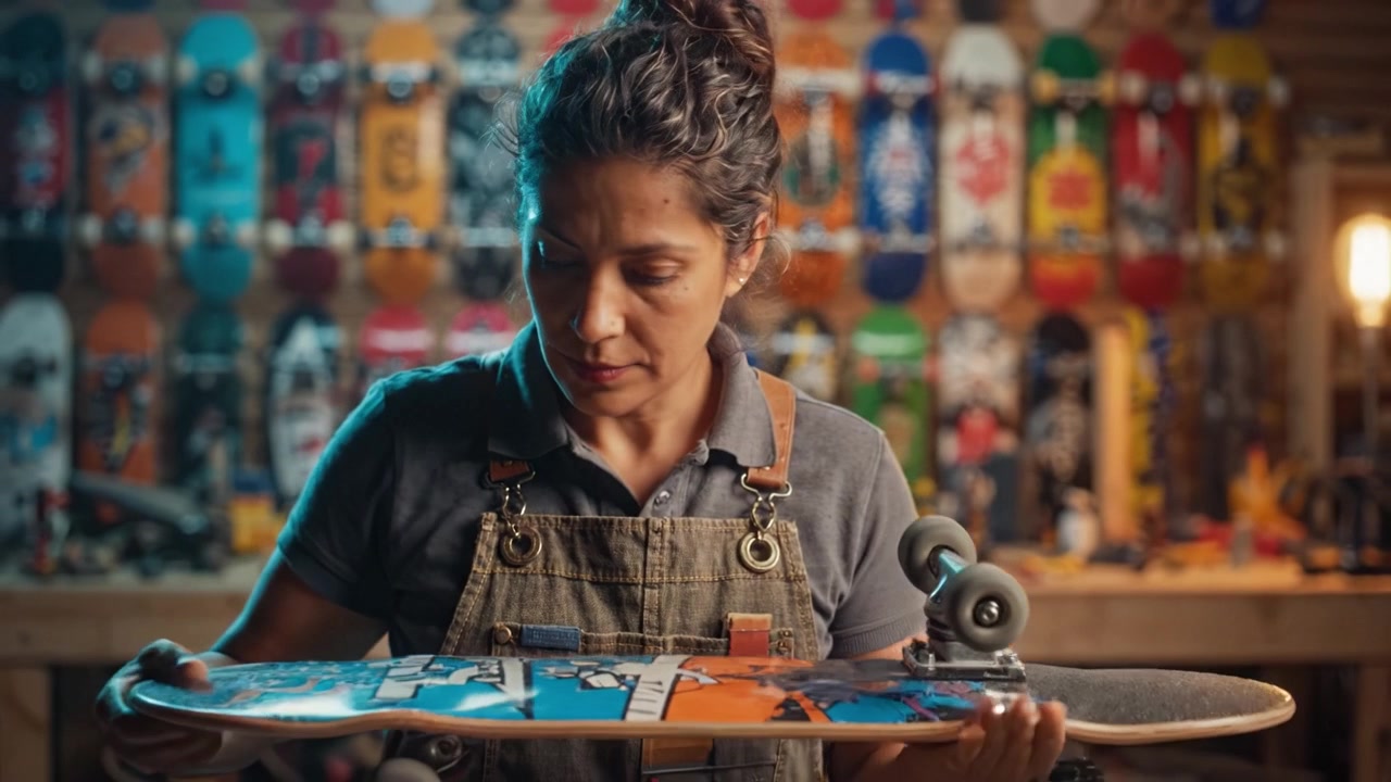 Skateboard Maintenance: A Skilled Artisan Repairs and Assembles Skateboards with Precision in a Vibrant Workshop Filled with Colorful Skateboard Graphics