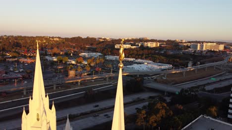 Beautiful-aerial-over-Angel-Moroni-and-the-spires-of-the-Mormon-Temple-in-La-Jolla-San-Diego-California