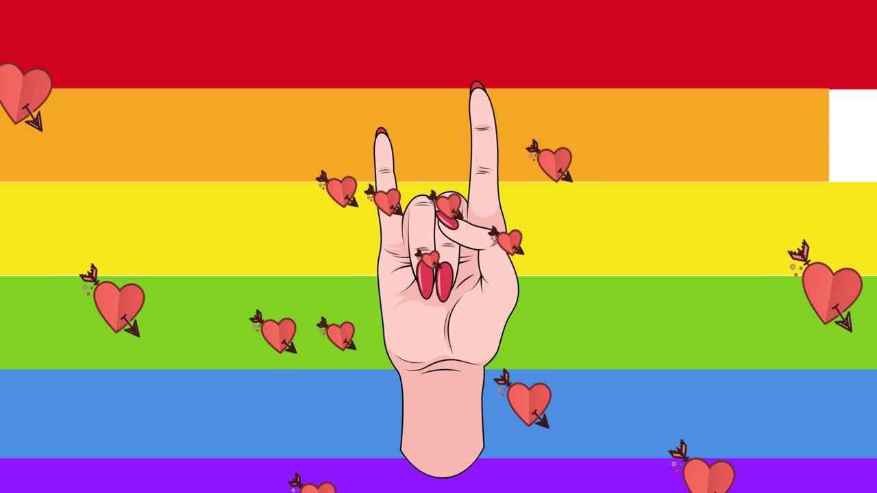 무지개 배경에 있는 손 아이콘 위에 있는 심장의 애니메이션