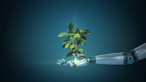 Robotic-hand-presenting-digital-green-plant-growing-against-blue-background