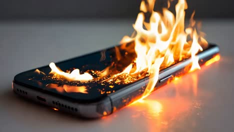 a cell phone on fire on a table