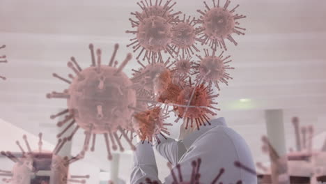 animación de células de covid-19 moviéndose sobre un hombre con una máscara facial
