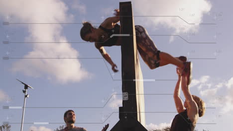 climbing over obstacle with help, person surrounded by data processing animation