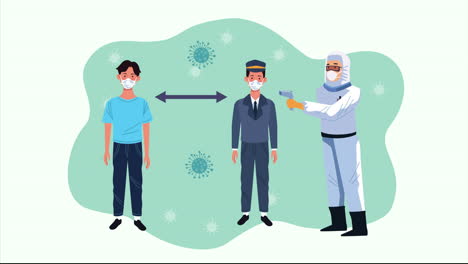 biosafety worker with thermometer and patients covid19 control