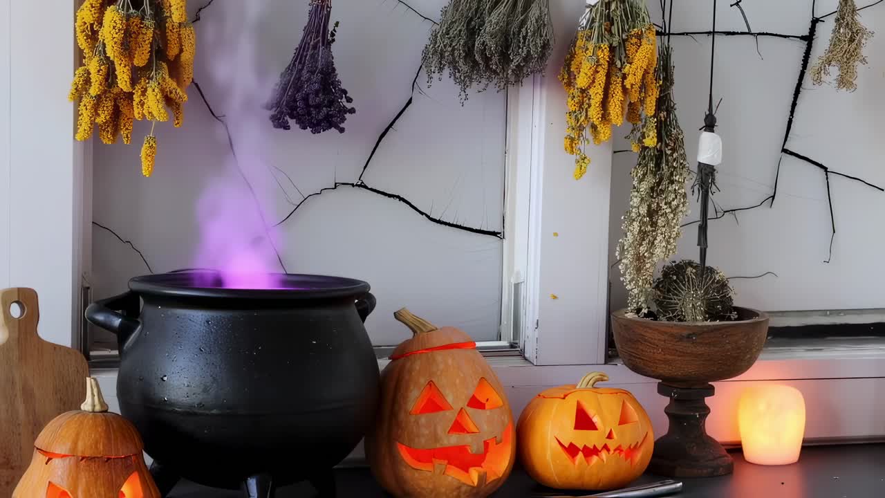 Halloween still life with cauldron emitting purple smoke, carved pumpkins, dried flowers and candle