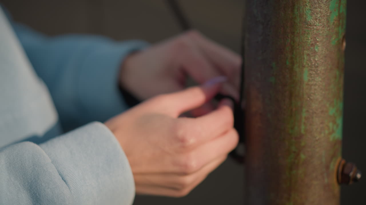야외 스포츠 환경에서 배구 망을 가지고 서서 대화하는 사람을 보여주는 흐릿한 배경으로 배구 을 가지고 놀고 있는 손의 클로즈업