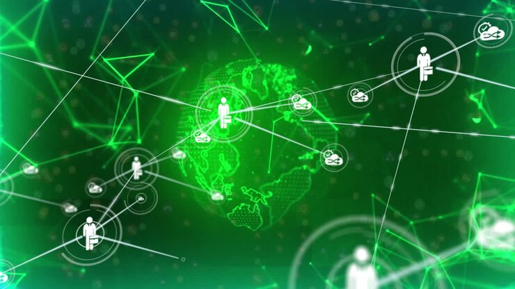 Global network connections and data sharing animation over green digital world map