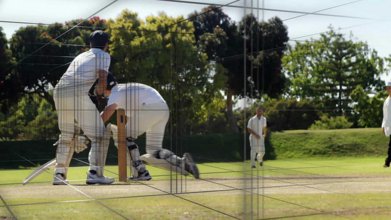 Batting on field, cricketer with grid lines overlaying scene in animation
