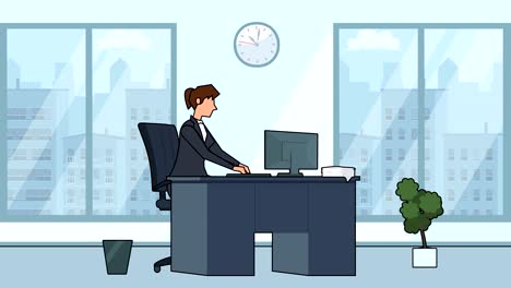 flat cartoon businesswoman character working on computer in office workplace animation