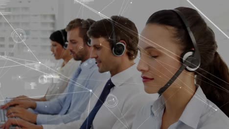 Animation-of-network-of-connections-over-diverse-business-people-with-phone-headsets