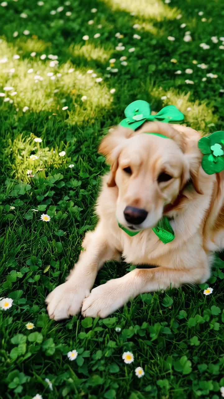 Golden Retriever wearing St. Patrick's Day shamrock accessories on the grass