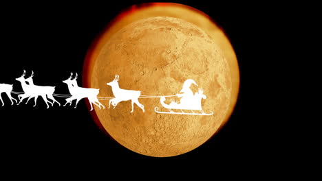 animation of santa claus in sleigh with reindeer passing over moon and stars