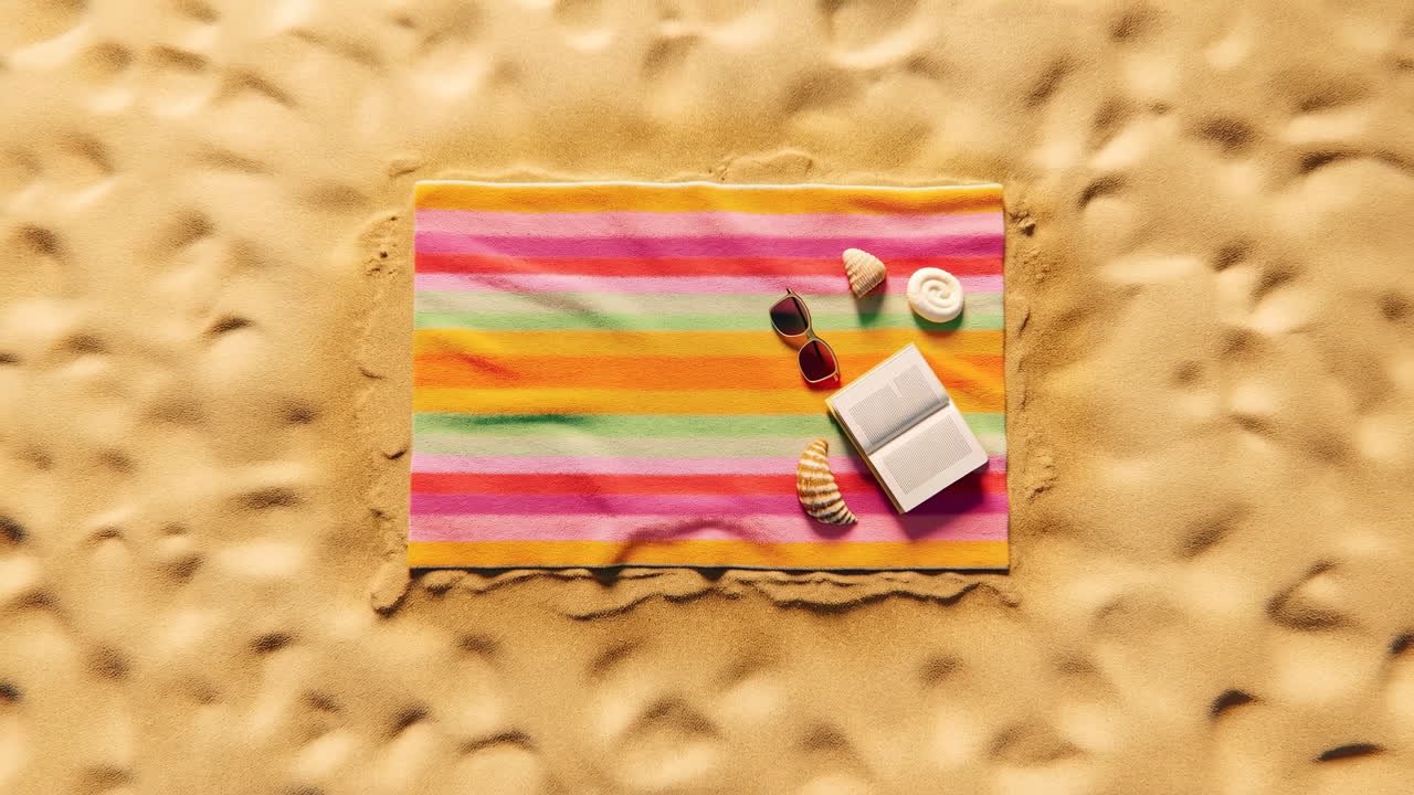 Colorful Striped Beach Towel with Book and Sunglasses on Sand