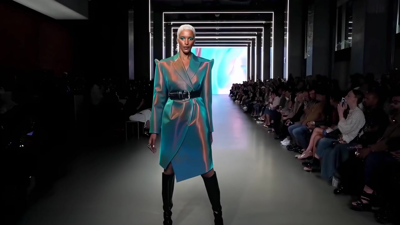 Model Showcases Futuristic Iridescent Coat on a Fashion Runway