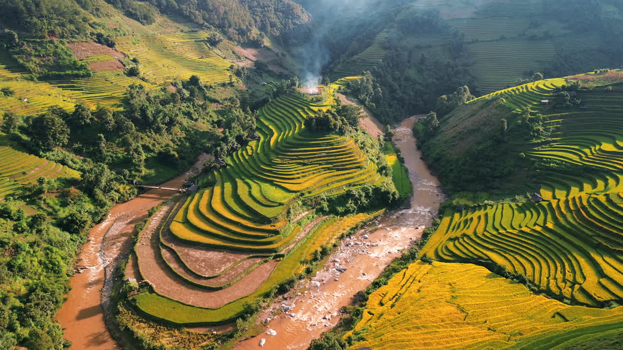 Rekaman drone udara sinematik terasering padi berliku di Mu Cang Chai, Vietnam. Lanskap pertanian pegunungan memperlihatkan pola mengalir yang dibentuk oleh pertanian tradisional